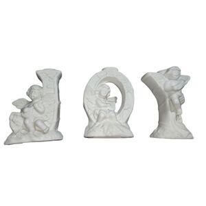 Set of 3 Angel Cherubs White Bisque Porcelain Christmas JOY Candle Holder